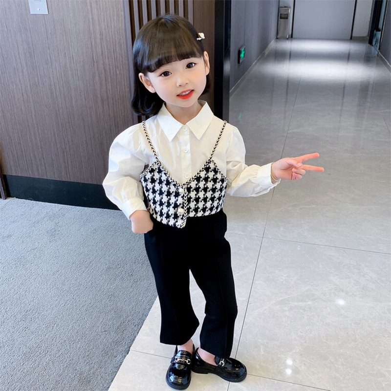 2026 Spring and Autumn Outfit for Baby Girls: Children's Set with Flared Pants + White Shirt + Houndstooth Vest Three-Piece Set 2026 Spring and Autumn Outfit for Baby Girls: Children's Set with Flared Pants + White Shirt + Houndstooth Vest Three-Piece Set