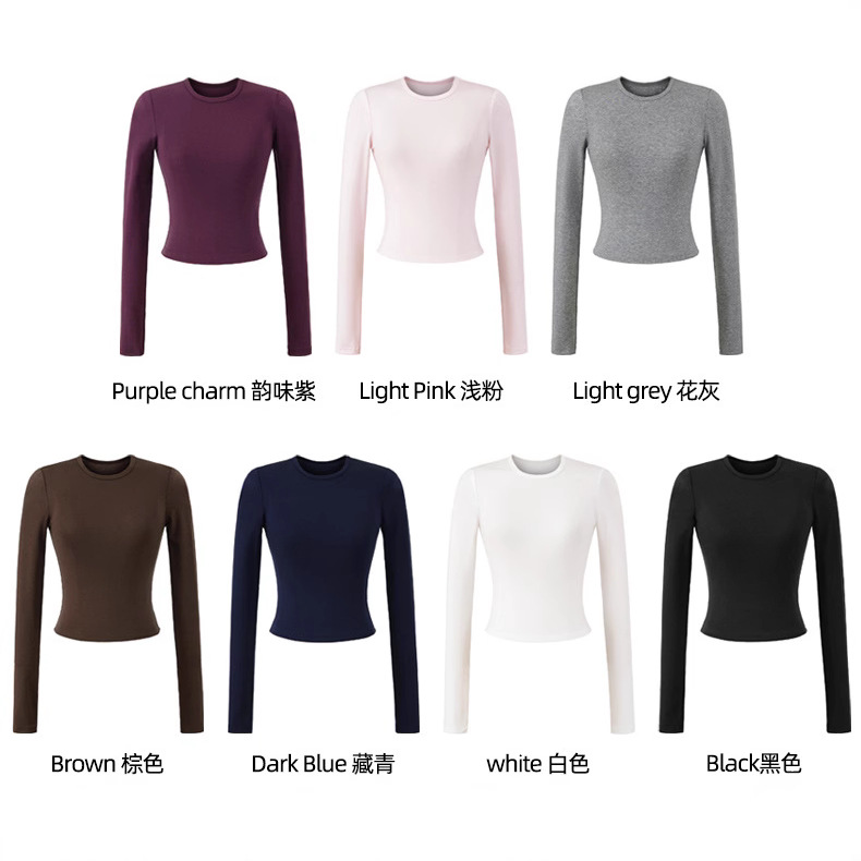 欧美小圆领正肩长袖上衣女2025秋季新款修身收腰显瘦短款天丝T恤