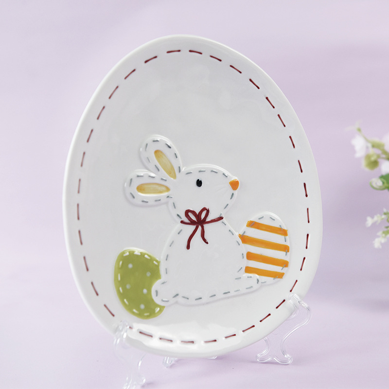 Lindo conejo de dibujos animados placa de cerámica de alta temperatura alivio placa plana Ceremonia del desayuno sensación plato Hogar Accesorios Para el hogar