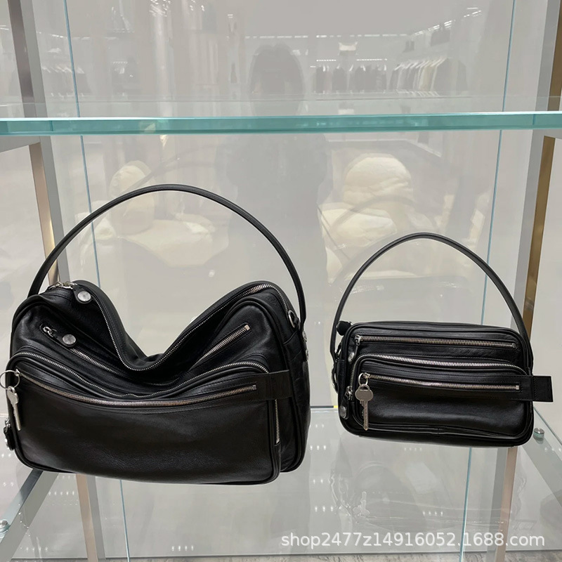 Swedish Niche New Genuine Leather Multi-Compartment Zipper Handbag Key Pendant Armpit Motorcycle Bag Single Shoulder Crossbody Bag