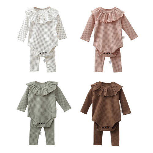 Newborn crawling clothes for men and women, European and American style cotton polka-dot long-sleeved trousers, infant and toddler split two-piece set
