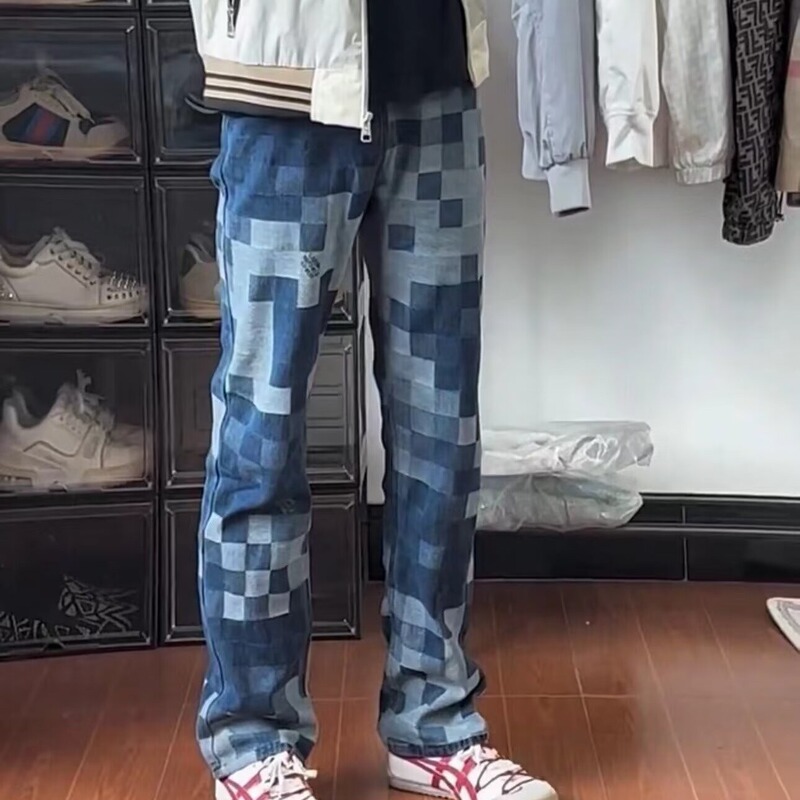 Checkerboard Jeans Men's Summer Thin Straight Leg Pants Loose Casual Trousers Fashion Brand High Street American Style Retro Pants