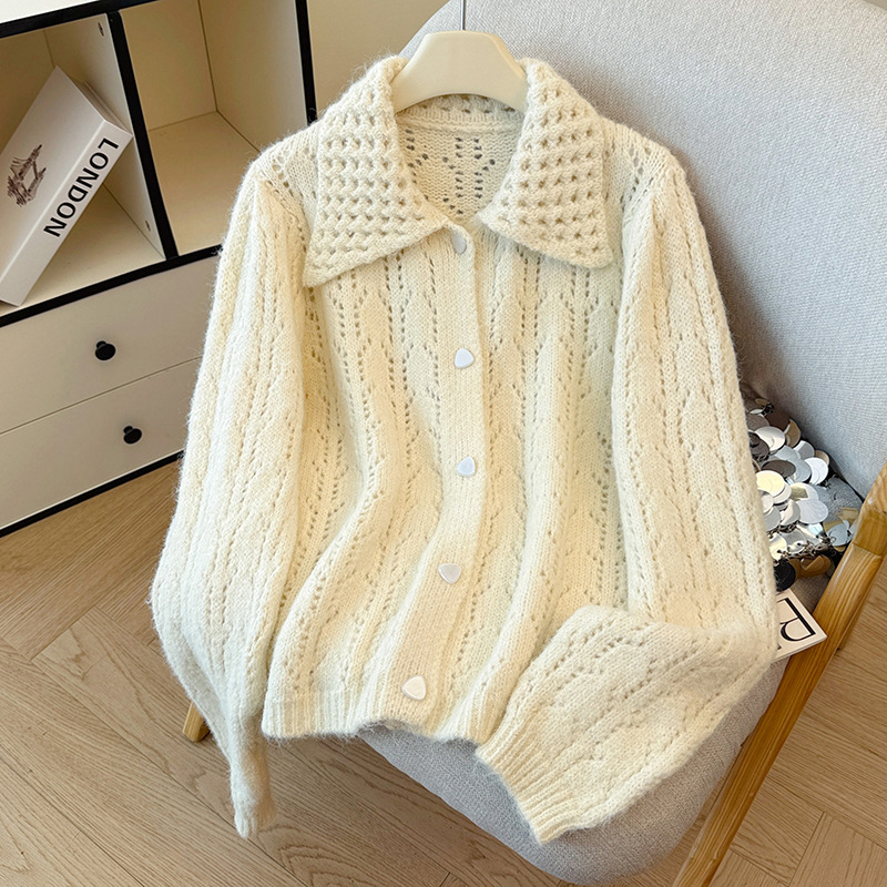 Inventario otoño invierno nuevo estilo coreano diseño sensación hueco solapa de punto cardigan suéter suave suave suelto