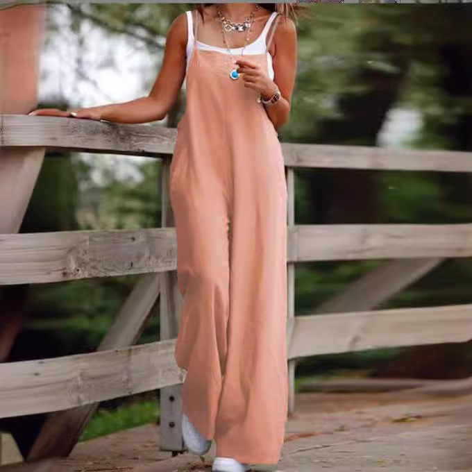 Cross-border 2024 European and American cross-border fashion casual new women's pocket cotton and linen casual sling jumpsuit