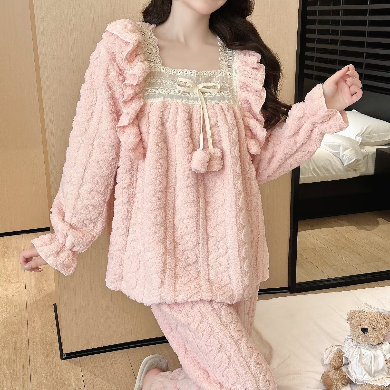 Jacquard de flanel encaje princesa cuello cuadrado pijama de invierno mujer arco cálido conjunto de ropa para el hogar