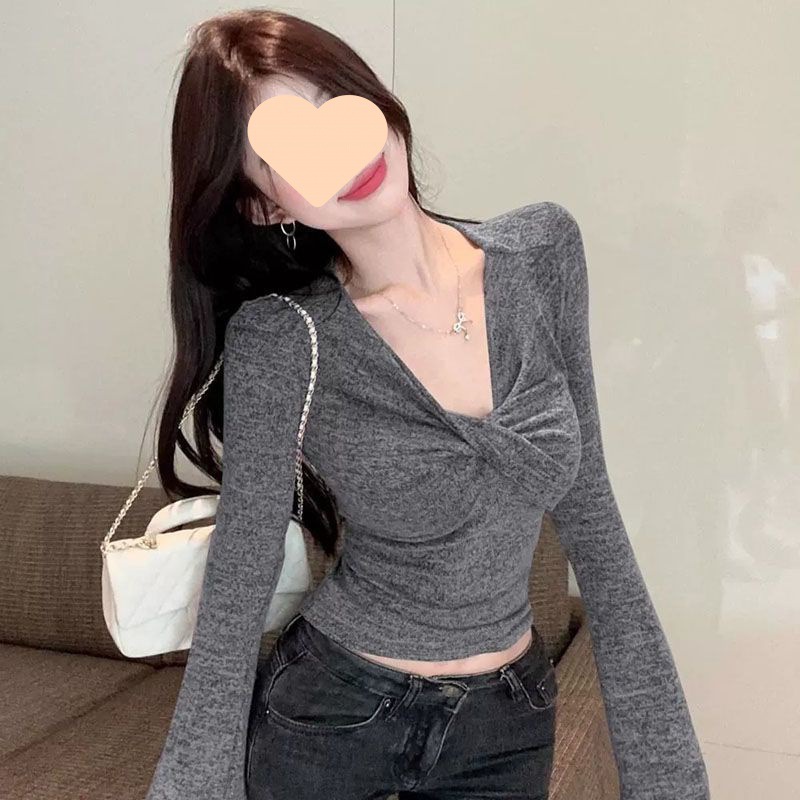 Pure Lust Sexy Twisted Short Bottoming Shirt Top Spring, Autumn and Winter Slim New Slim Design Knotted Long-sleeved Bottoming
