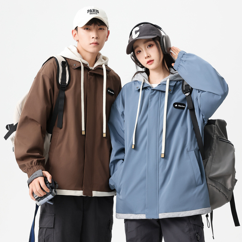 Men's Spring and Autumn Casual Jacket Men's Coat Spring Men's All-match Fake Two-piece Contrast Color Hooded Loose Jacket Top