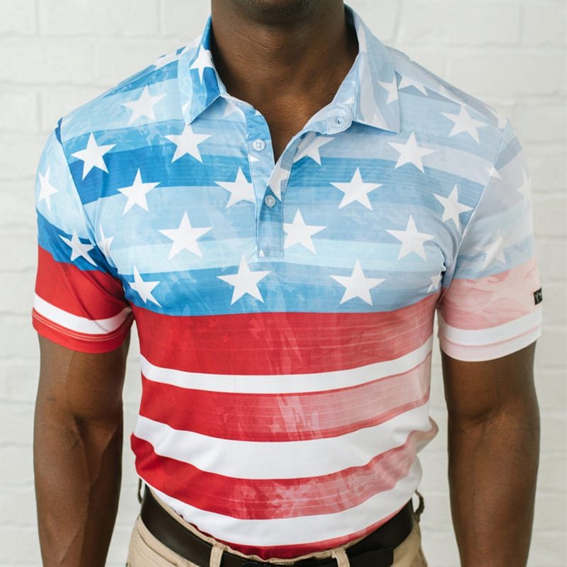 Customized Export Digital Printed Golf Clothing American Flag Polo Shirt Men's Sports Short-Sleeved Top Breathable