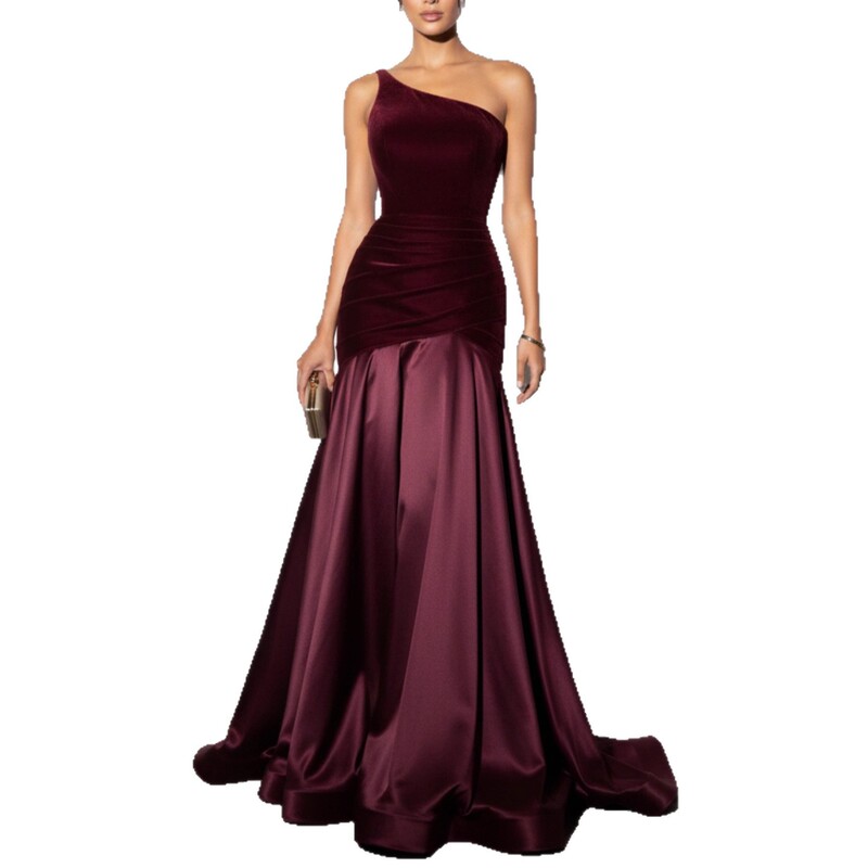 In-Stock Women's Solid Color Elegant Velvet Patchwork Dress, Fashionable One-Shoulder Design, Waist-Cinching, Slimming Effect