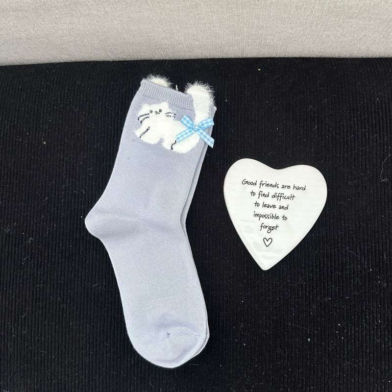 小动物饰品棉袜组合卡通小狗撞色蝴蝶结秋冬棉质中筒袜女士可爱|undefined