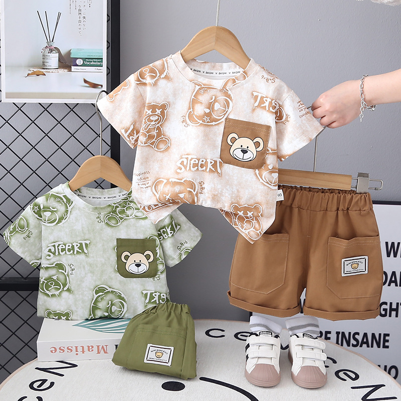 Boys' Summer Outfit 2025 New Children's Pocket Cargo Full-Print Bear Short-Sleeve Two-Piece Set Wholesale
