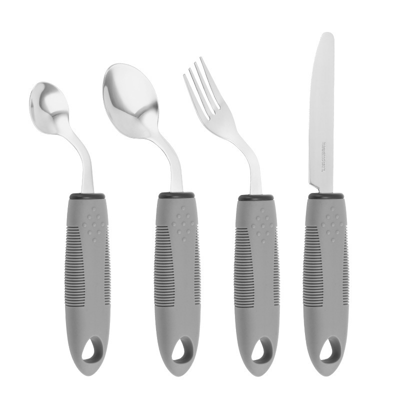 Flexible Gray Rubber-Plastic Handle Cross-Border Adaptive Rehabilitation Cutlery Set for Elderly and Disabled, Portable Flexible Gray Rubber-Plastic Handle Cross-Border Adaptive Rehabilitation Cutlery Set for Elderly and Disabled, Portable
