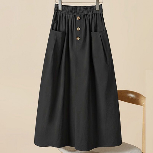 Cotton skirt for women 2025 summer new elastic waist large pockets over the knee casual high waist slimming A-line skirt