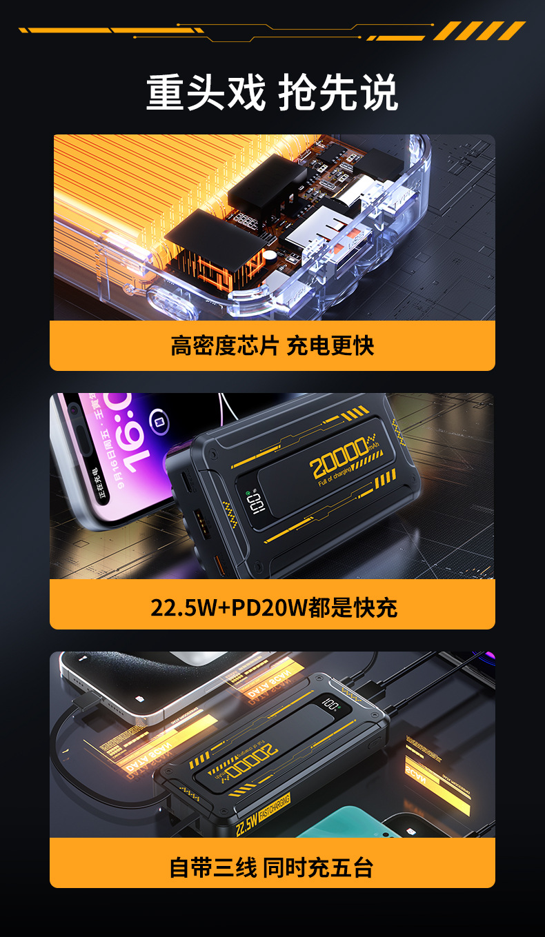 Mecha Powerbank mit Kabel 200 Millionen Super-Schnellladung 22,5W, 10000 mAh PD20W ultra-dünn mit Kabel