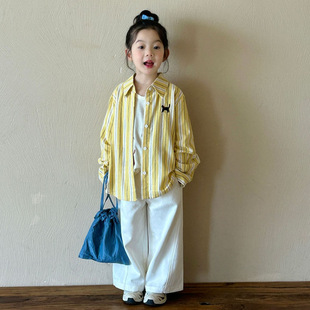 Children's Shirt 2025 Spring New Children 2-7 Years Old Korean Striped Shirt Girls' Long Sleeve Base Shirt Trendy