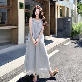 灰色韩系木耳边吊带上衣套装裙女2026夏季清冷松弛感半身裙两件套