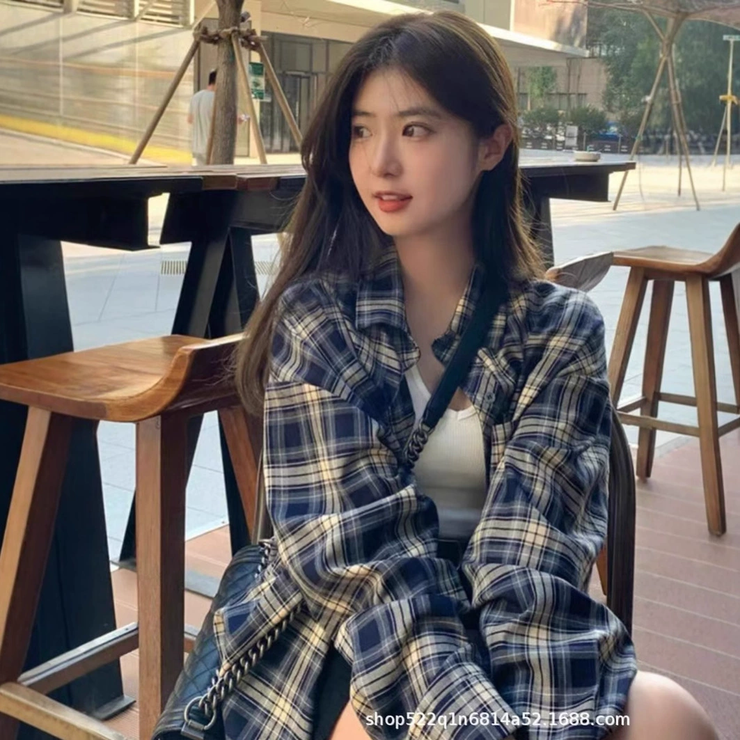 Трансграничная корейская клетчатая рубашка женский ленивый ветер ретро свободная рубашка кардиган солнцезащитный пальто с длинными рукавами топ оптом