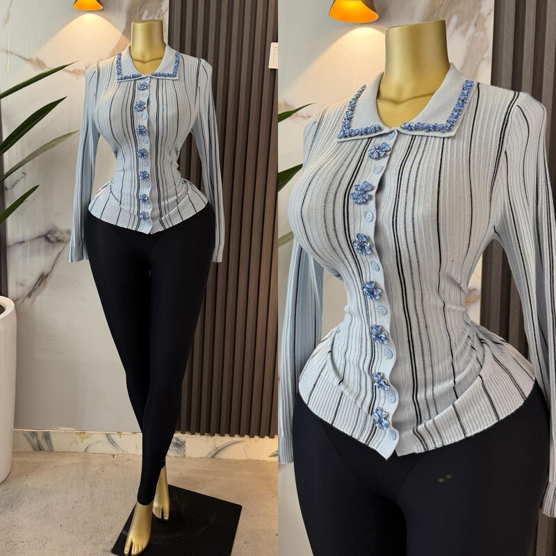 European and American cross-border women's clothing 2026 autumn new fashion elegant single-breasted turn-down collar rhinestone long-sleeve knit top