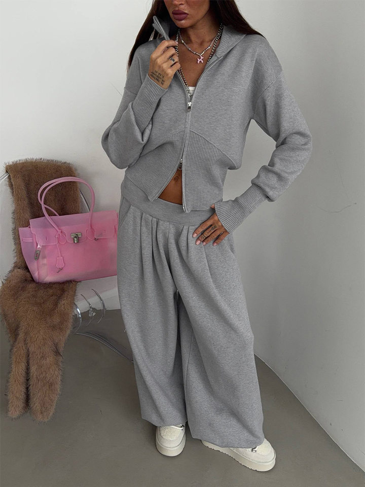 Set áo len cardigan dáng rộng phối quần ống lồng hai dây kéo — màu hồng, màu xám chi tiết 14