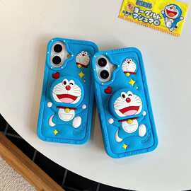 适用于iphone16小众蓝色猫卡通立体硅胶支架叮当可爱手机壳保护套