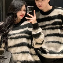 大码秋冬装慵懒风法式复古条纹毛衣新款韩版别致设计感温柔针织衫