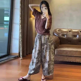 梨形身材大码复古印花阔腿弯刀裤子女夏季薄款宽松显瘦九分休闲裤