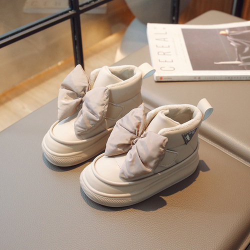 Girls' Velvet Boots  Winter New Children's Big Bow Mid-calf Boots Girls' Thickened Velcro Cotton Shoes