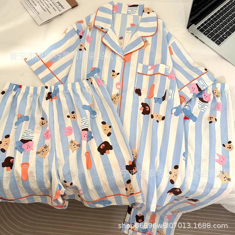 Red famosa nuevo pijama de mujer nubes de verano algodón pantalones cortos de manga corta pantalones largos de tres piezas de dibujos animados set de ropa para el hogar