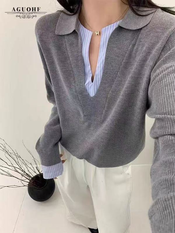假两件撞色拼接条纹针织衫女大码春秋新款设计感宽松领长袖上衣|undefined