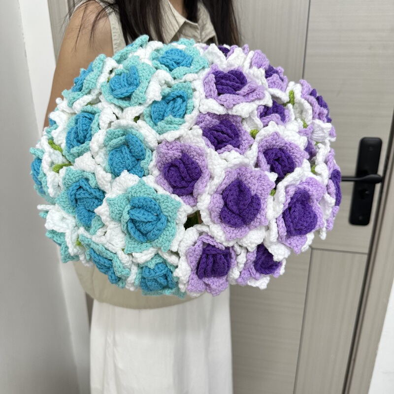 手编みバラブーケ高级感模造完成品花バレンタイン毛糸かぎ织り永生花祭りプレゼント|undefined