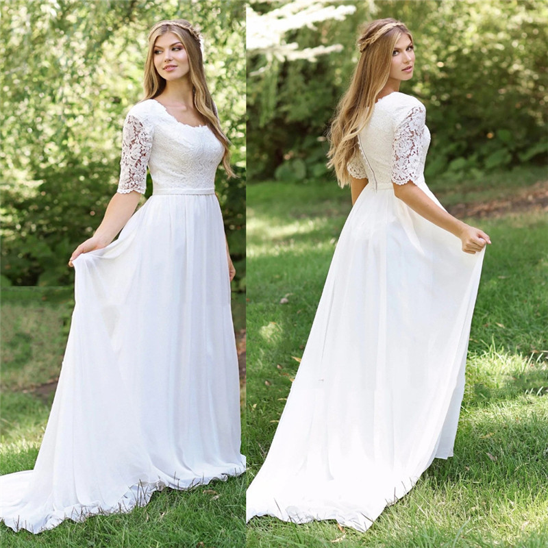Comercio exterior de Europa y América Amazon AliExpress deseo moda nueva luz simple vestido de novia de encaje cuello redondo media manga vestido de novia largo