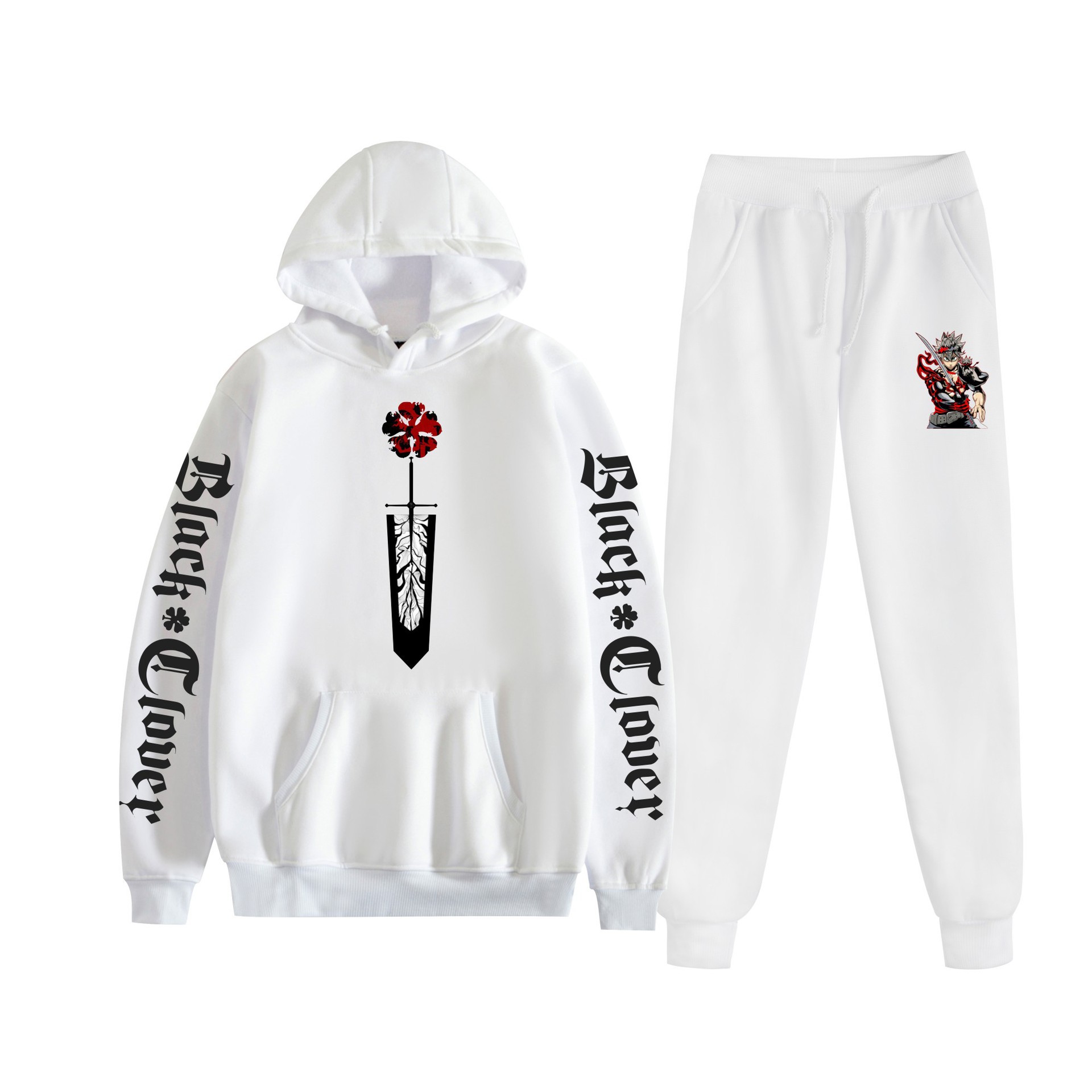 Trébol de cuatro hojas negro nuevo estilo transfronterizo Black Clover pareja suéter con capucha hombres y mujeres pantalones de dos piezas