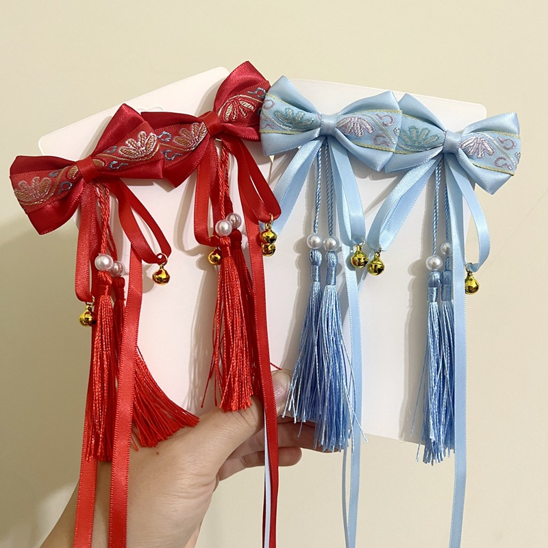 Super Fairy Ancient Style Bow Hairpin Sweet Embroidered Flower Bow Hair Accessories Girls Headwear Streamer Tassel Clip