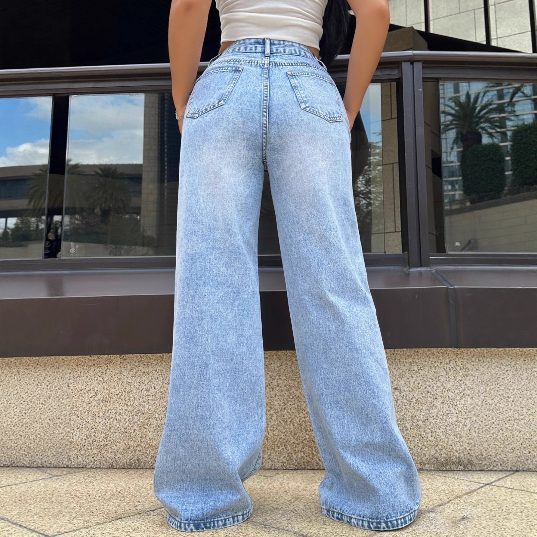 Jeans de Pierna Ancha con Rotos para Mujer de Mezclilla, Corte Relajado, para Uso Casual image 3