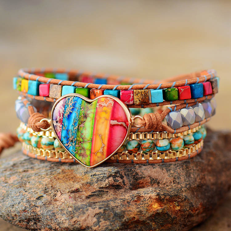 Amazon hot-selling heart-shaped 5-color natural Emperor stone leather wrapped bracelet woven multi-layer bracelet hot-selling manufacturer