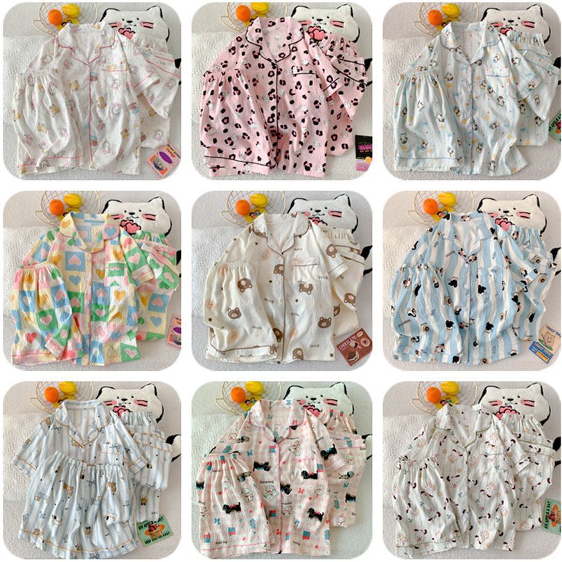 Cross-border tiro real nube de verano solapa de algodón cárdigan de tres piezas pantalones cortos de manga corta pantalones pijamas ropa de casa de dibujos animados para mujer