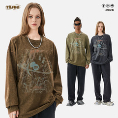 TILANI men's cross-border special for cool graffiti prints original dark grey 260G old high street round neck T-shirt