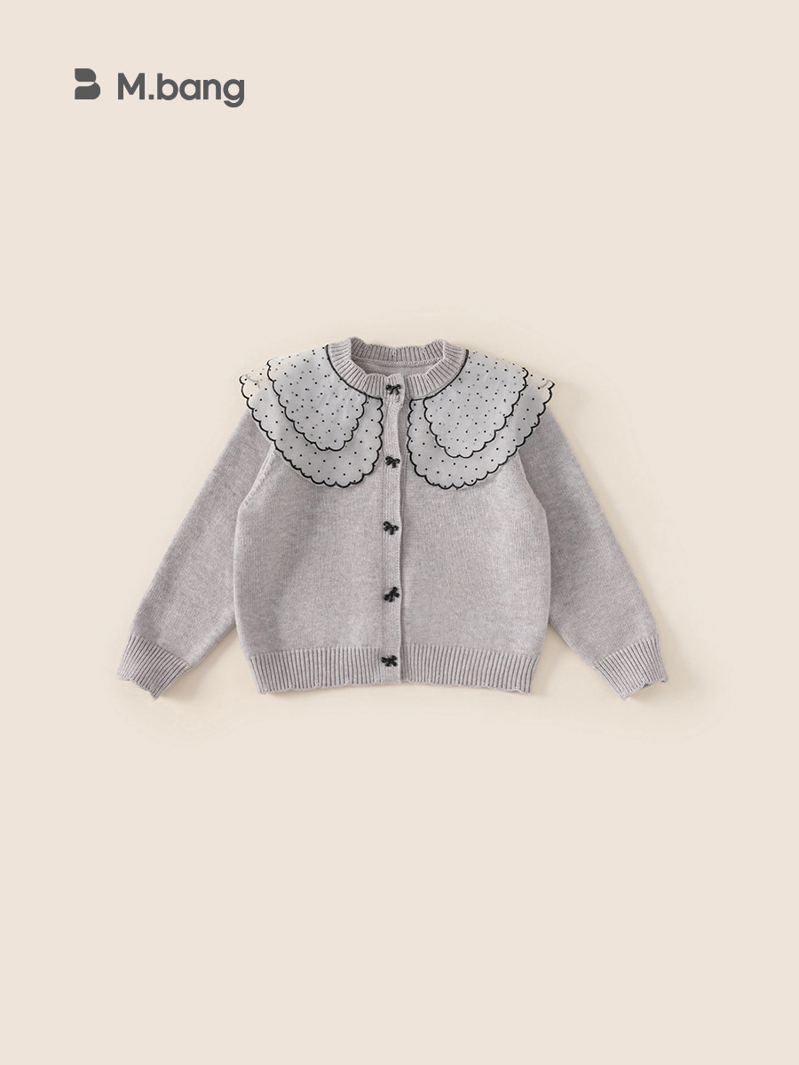 Yubao ropa infantil para niñas otoño y invierno nuevo cardigan de punto de punto para niñas arco ondulado suéter de encaje abrigo