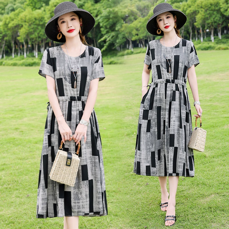 Летнее высококачественное хлопково-шелковое платье для мам среднего и пожилого возраста, элегантная, свободная и закрывающая живот длинная юбка большого размера для женщин среднего возраста.