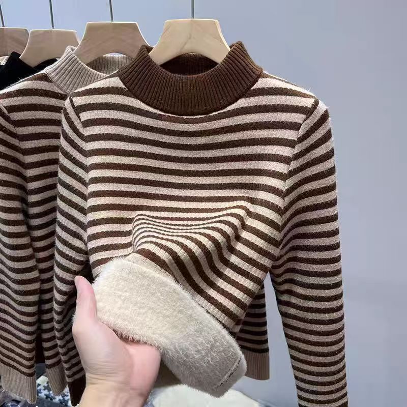 Fleece-lined sweater, half-turtleneck base layer, autumn and winter inner wear, thickened one-piece fleece knit top, warm top for women Fleece-lined sweater, half-turtleneck base layer, autumn and winter inner wear, thickened one-piece fleece knit top, warm top for women