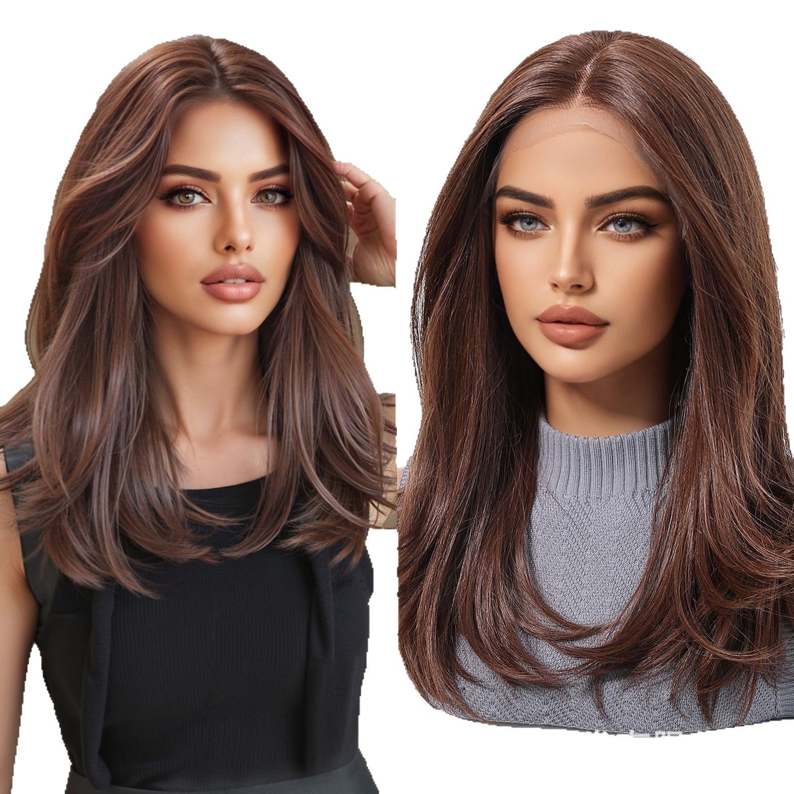 Nueva peluca de encaje de área grande para mujer 13*6 flequillo largo de ocho caracteres marrón oscuro rizo de cola de cabello conjunto completo stock de fábrica