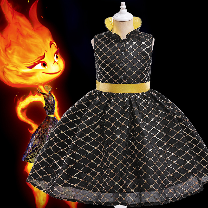 Foreign Trade New Product Crazy Element City Movie Cosplay Fire Element Stand Collar Dress for Girls Slimming Dress