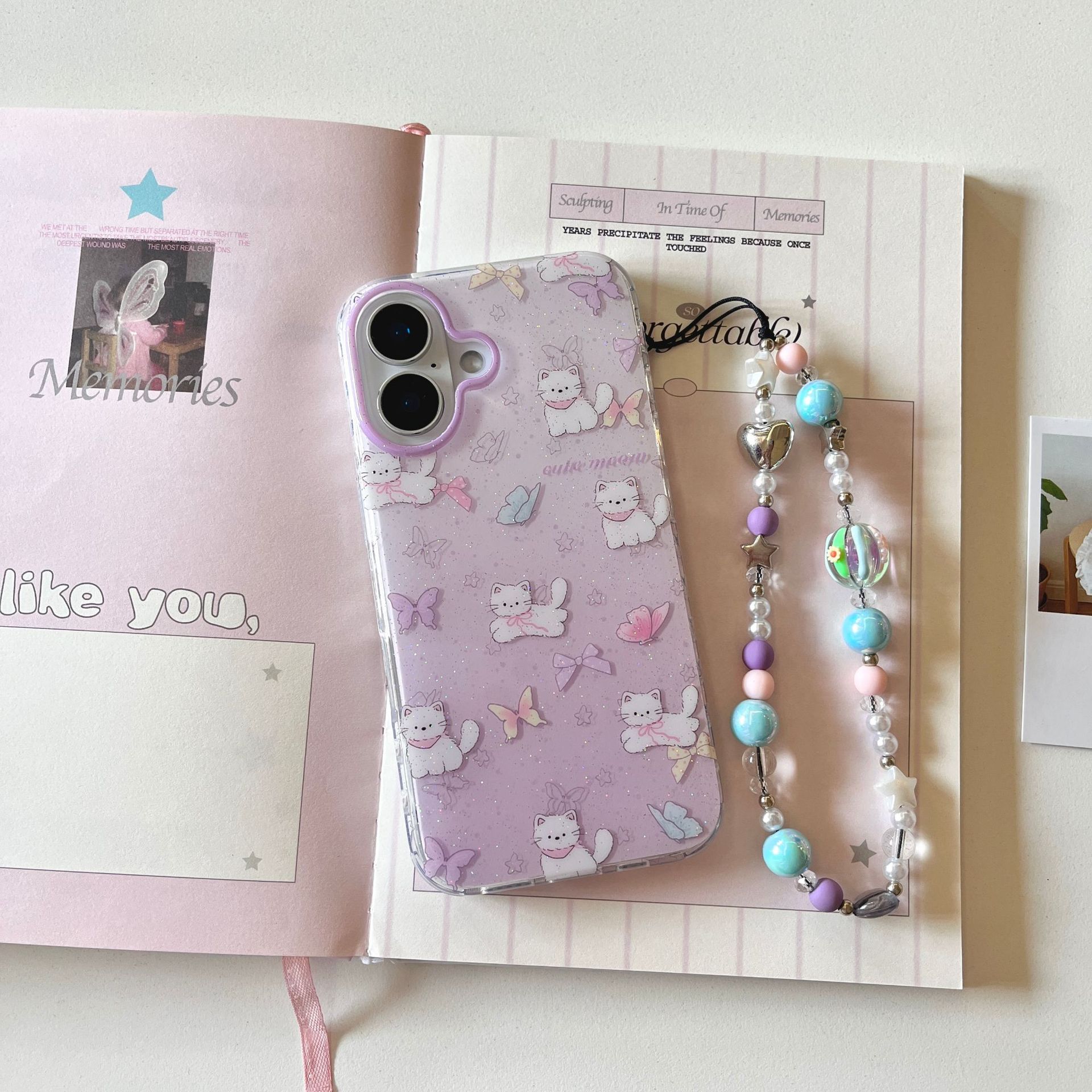 Gato con lazo morado lindo coreano para Apple 16ProMax funda para teléfono móvil 15/14 niña 13 mujer 15P