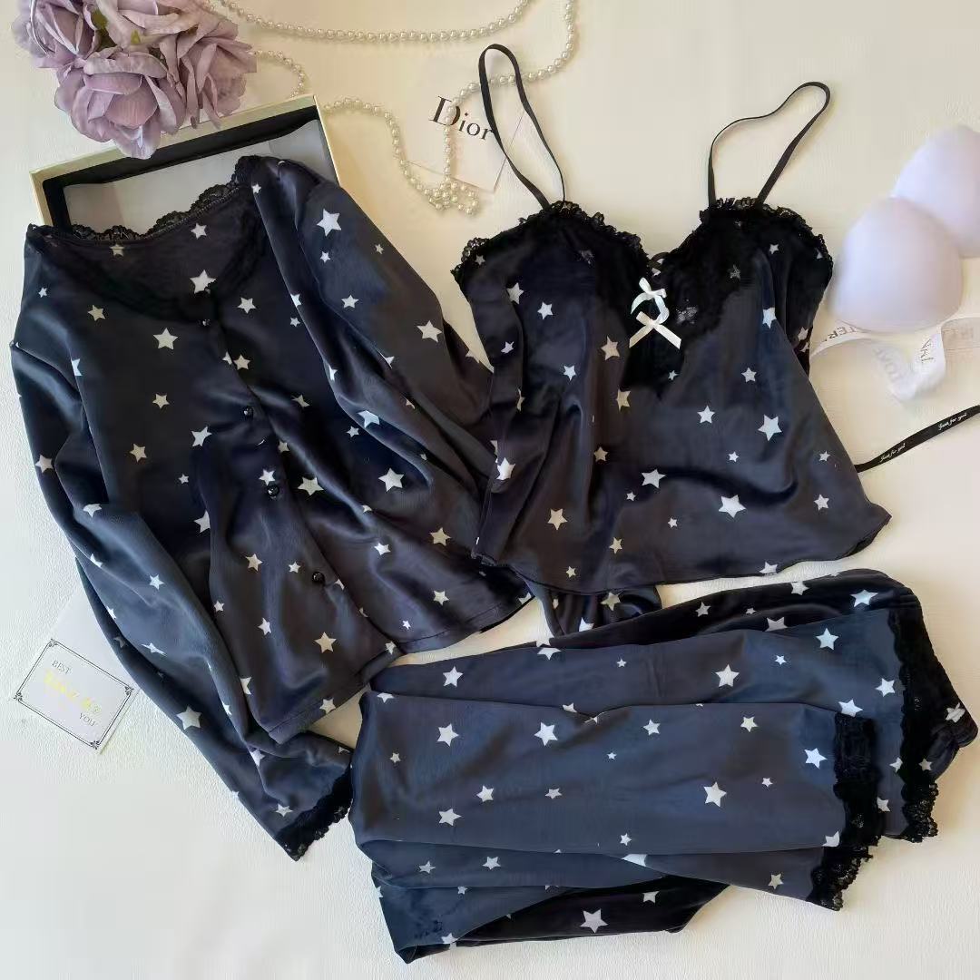 Simple Casual Women's Pajamas New Autumn and Winter Thickened Island Velvet Camisole Long-Sleeve Long Pants Loungewear Three-Piece Set