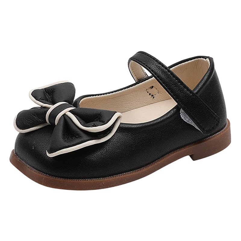 2025 Корейские стильные весенне-осенние детские кожаные туфли для малышей, повседневные квадратные туфли с бантиком, туфли-принцессы для девочек, маленькие балетки, модные