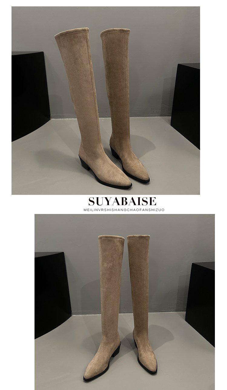 2023 New Coarse Heel Knight Boots with Folded Stacked Boots, Pointed Retro Mid Barrel Boots, Women's Trend_voghion.com