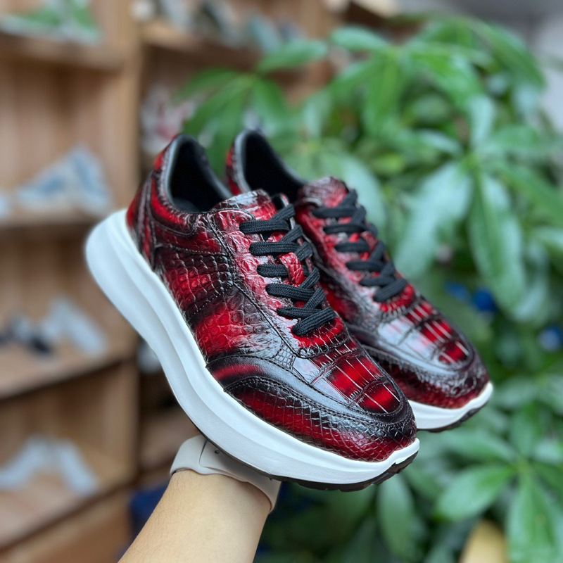 New Alligator Leather Color-polished sneaker Men's Casual All-match Real Alligator Belly Men's Shoes Lace-up Trendy Wear-resistant Shoes