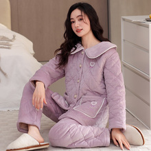 冬季夹棉睡衣女士三层加厚珊瑚绒棉袄秋冬款法兰绒家居服保暖套装