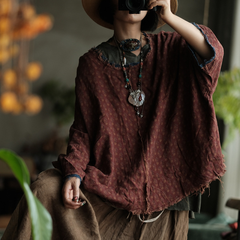 Little Mud Girl Original Design Women's Retro Art Print Pure Cotton Crew Neck Frayed T-Shirt Top 2053 Luo Yue Little Mud Girl Original Design Women's Retro Art Print Pure Cotton Crew Neck Frayed T-Shirt Top 2053 Luo Yue