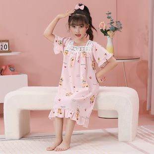 Summer Girls and Kidsren Cloud Cotton Short-Sleeved Cartoon Bow Nightgown Thin Girls' Home Dress for Middle and Large Kidsren